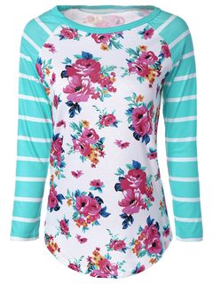 Fresh Stripe Floral Print Long Raglan Sleeve T-Shirt