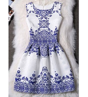 Elegant Round Neck Sleeveless Printed Jacquard Dress For Women