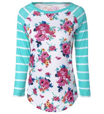 Fresh Stripe Floral Print Long Raglan Sleeve T-Shirt